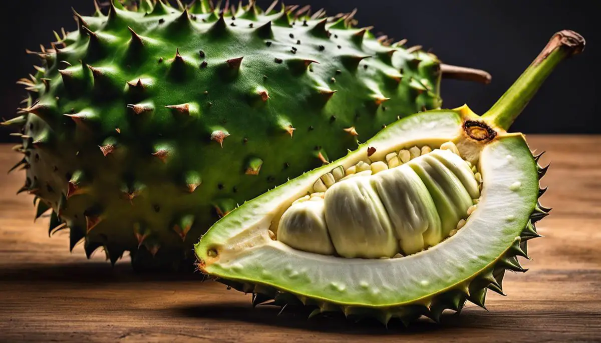 An image of a soursop fruit, showing its green and spiky exterior, with white flesh on the inside.
