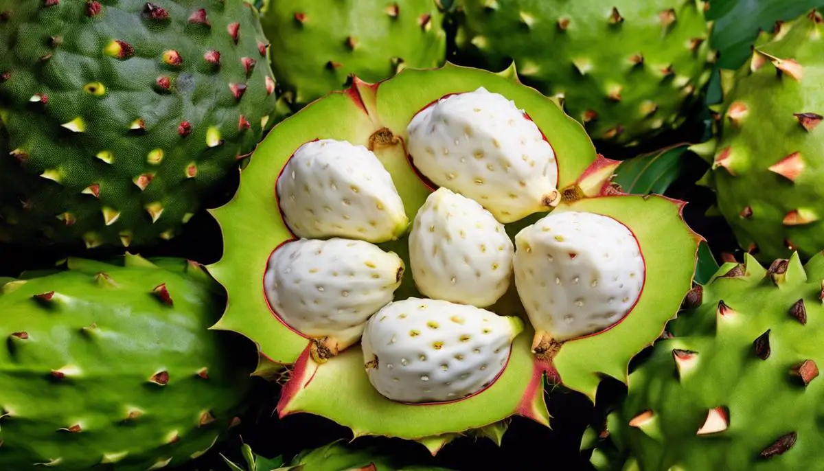 Image illustrating the health benefits of soursop, showing a colorful array of soursop fruits.