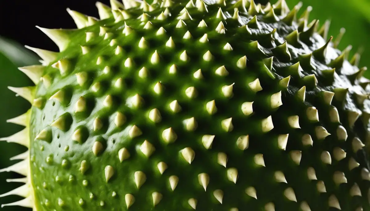 Image of a Soursop fruit, showing its spiky green exterior and white flesh inside.