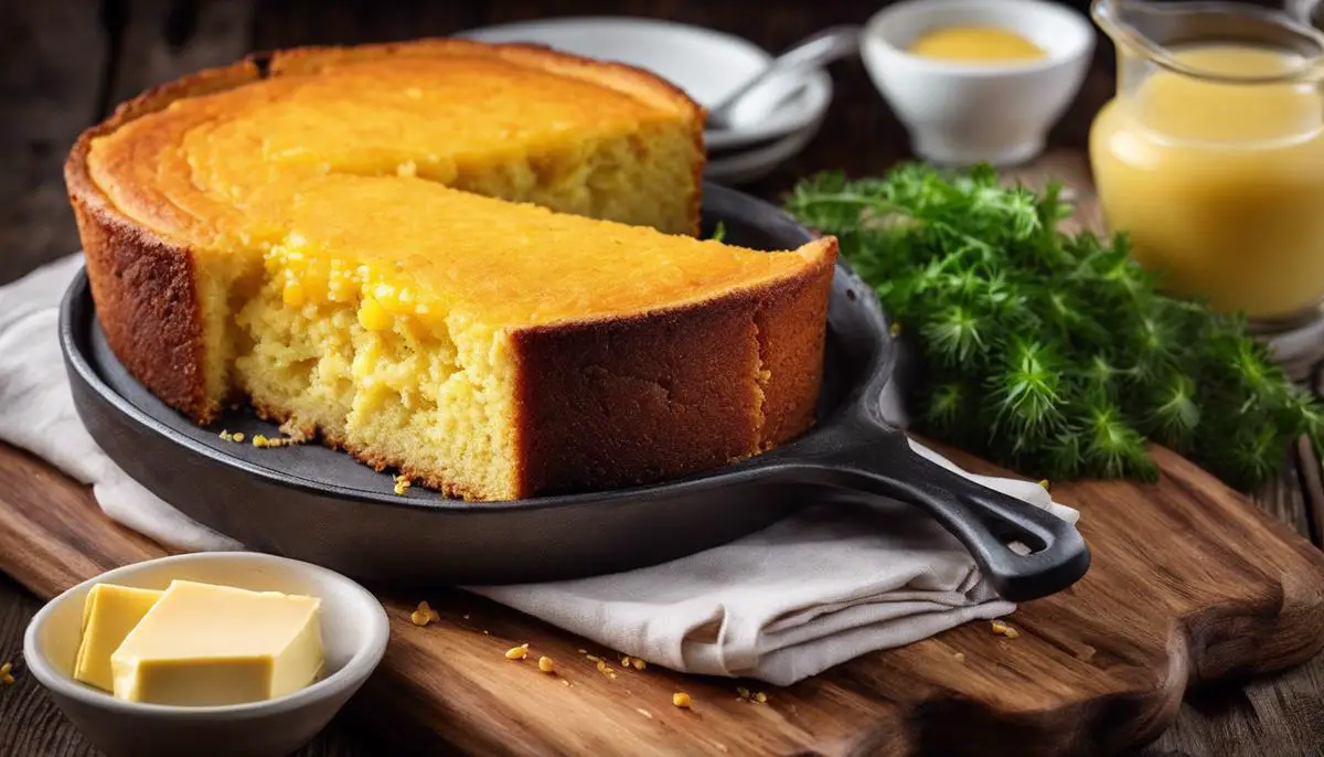 A delicious slice of golden Southern cornbread served on a rustic wooden board, with steam rising from it. Accompanied by a pat of butter on top.