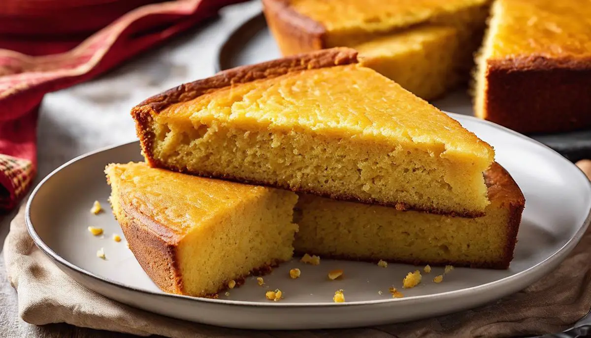A photo of a perfectly golden-brown Southern cornbread with a soft center, cut into wedges, ready to be served.