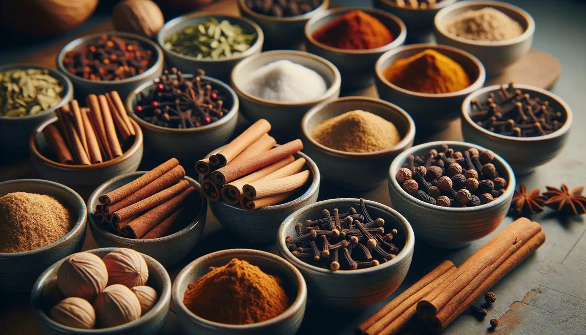 A collection of various spices, such as cinnamon sticks, nutmeg, cloves, and ginger, displayed in small bowls, ready to be blended for baking purposes