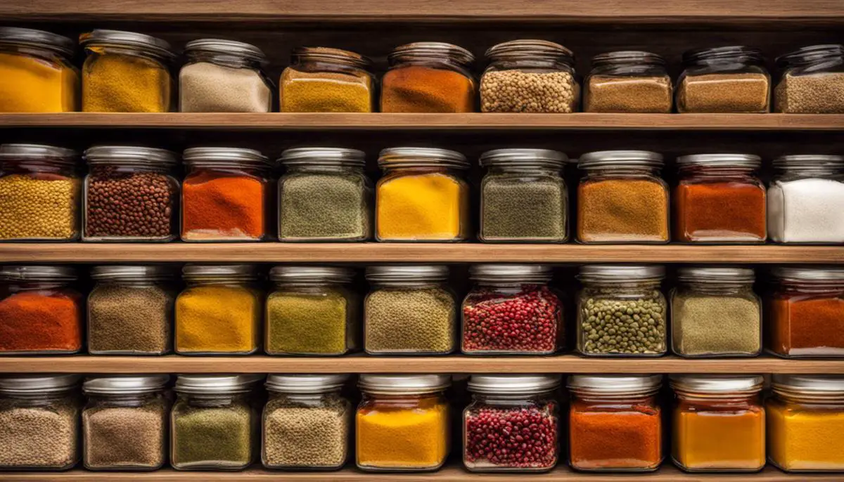 A variety of spices neatly organized in glass containers, ready to be used in cooking.