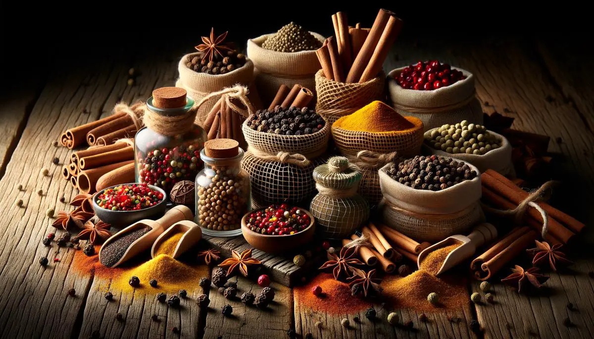 An image of various spices like black pepper, cinnamon, and cloves in vibrant colors, representing the diversity and importance of spices in global history