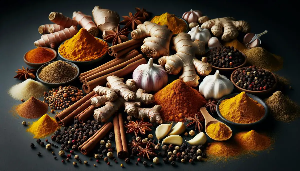 Various spices like turmeric, cinnamon, ginger, garlic, cloves, and pepper displayed together