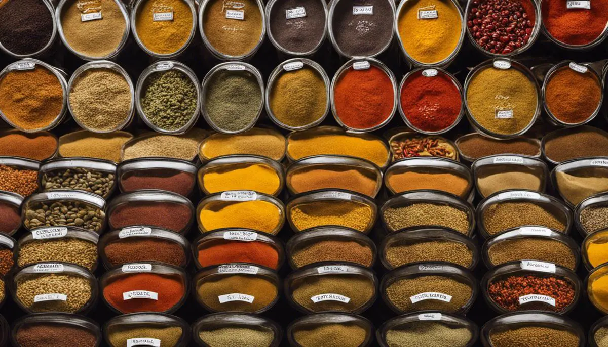 A close-up image of various spices showcased with their names written on small labels, describing the different types of spices discussed in the text.