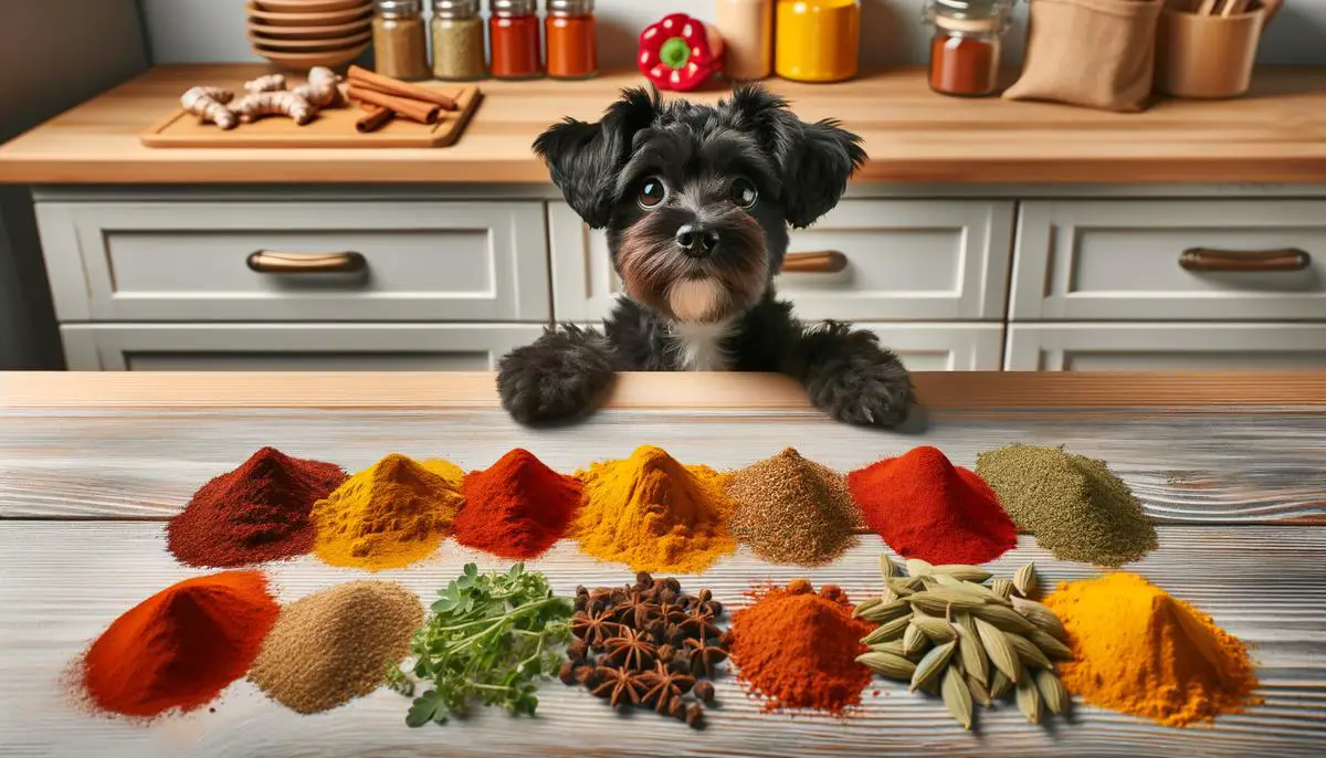A variety of spices next to a curious dog, highlighting the importance of keeping harmful spices away from dogs