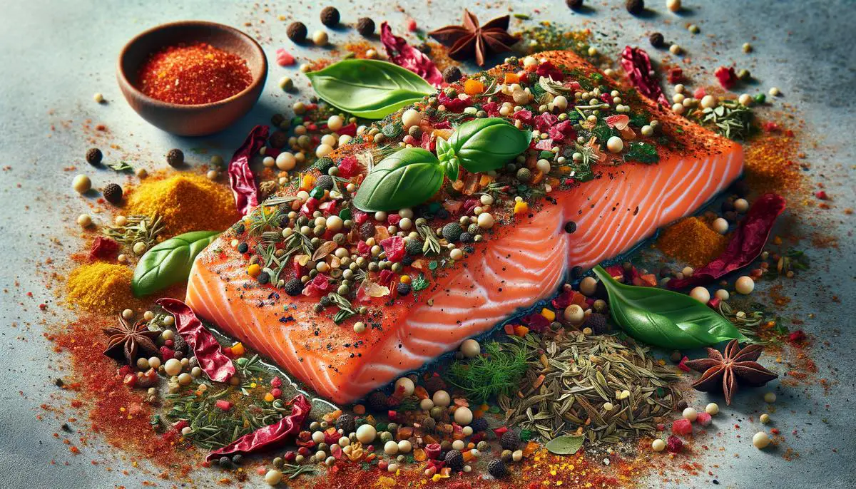 A close-up image of a salmon fillet sprinkled with dried basil and other spices, showcasing the vibrant green flecks on the pink flesh