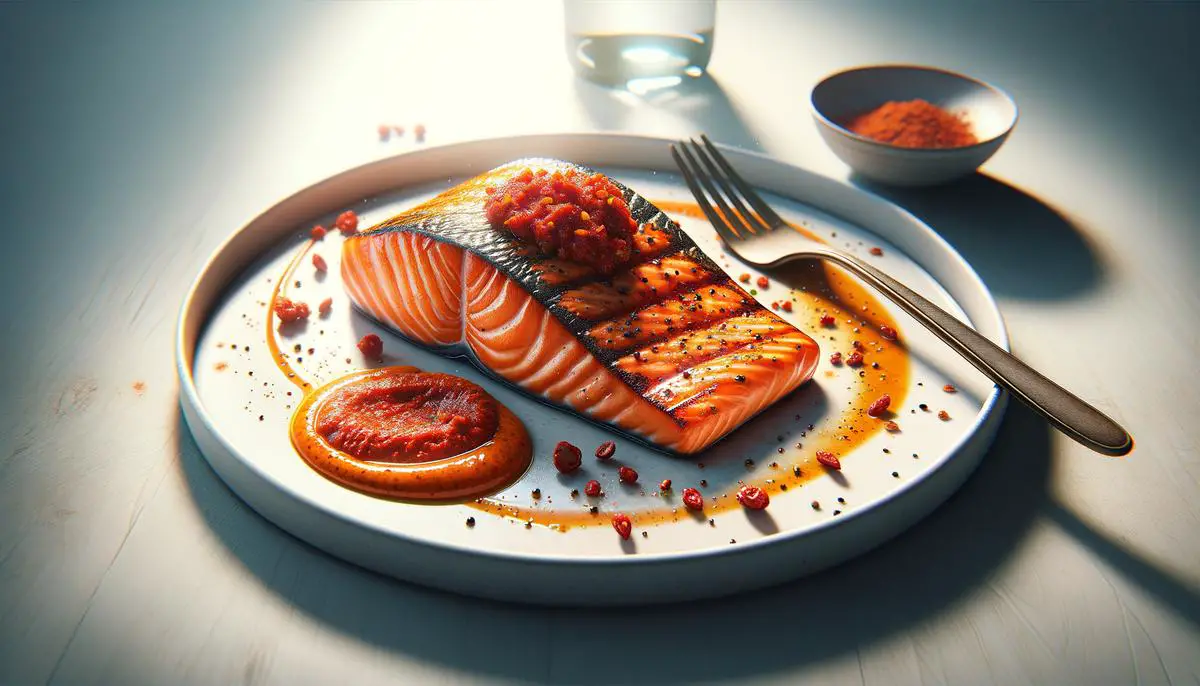 A close-up image of a piece of grilled salmon fillet topped with vibrant red harissa paste, showcasing the fiery and flavorful combination.