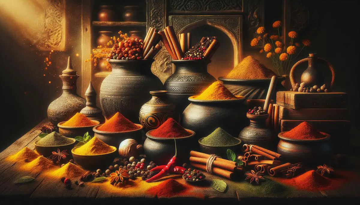 An image showing a variety of colorful spices, representing the rich tradition and versatility of spices in culinary and healing practices