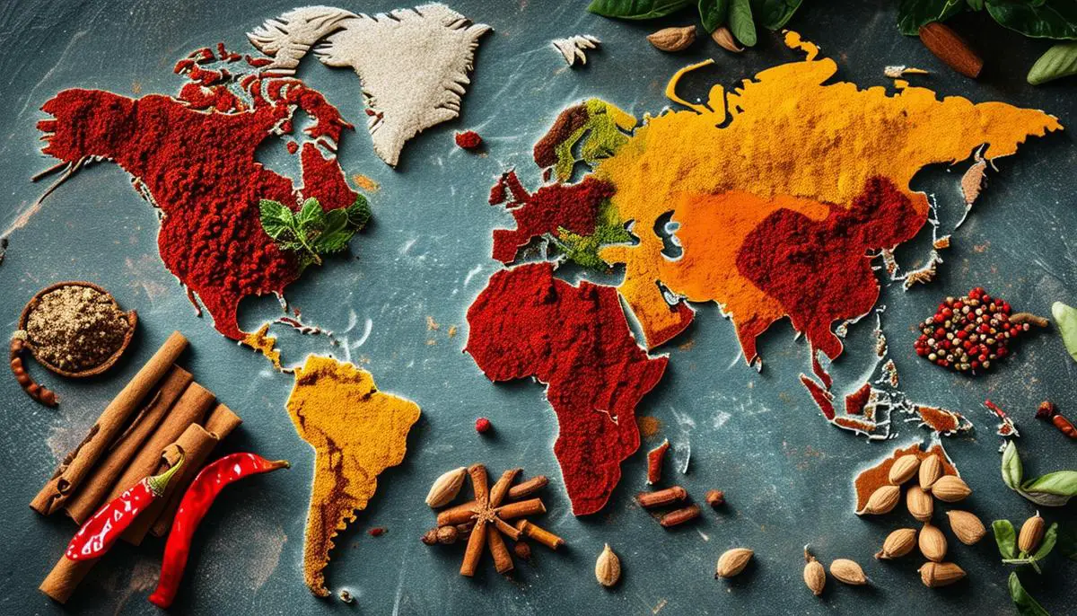 A world map with various spices like cinnamon, cardamom, nutmeg, and chili peppers placed on their regions of origin