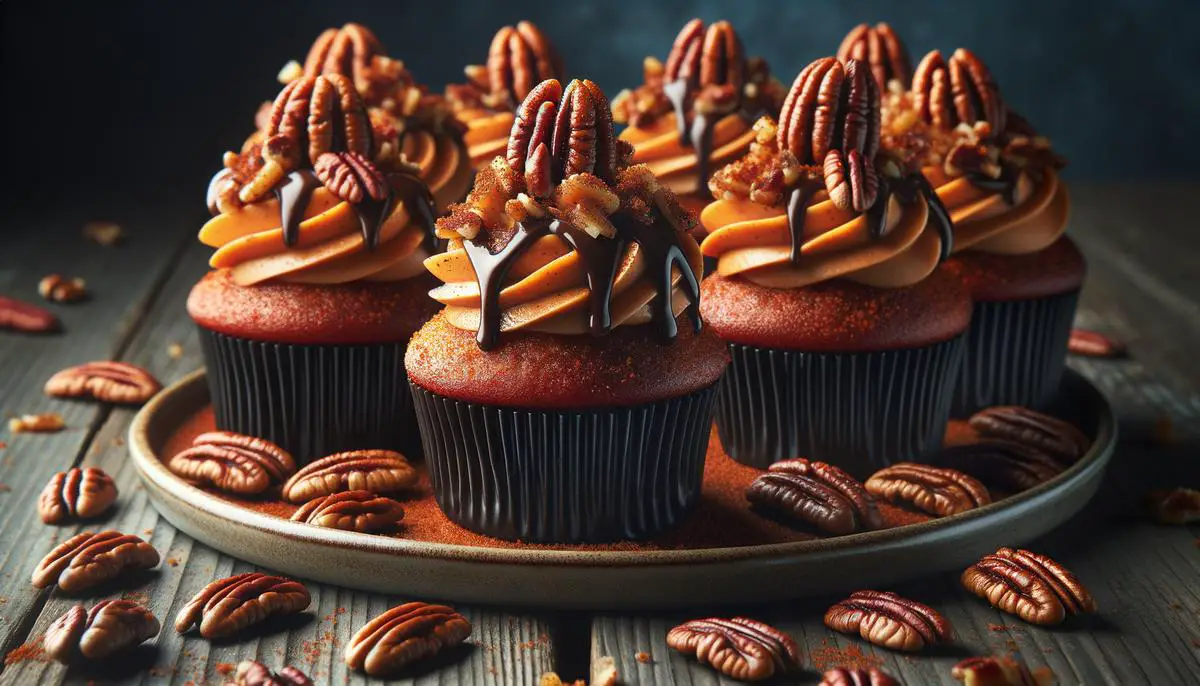 A plate of cupcakes topped with spicy frosting, toasted pecans, and a chocolate drizzle