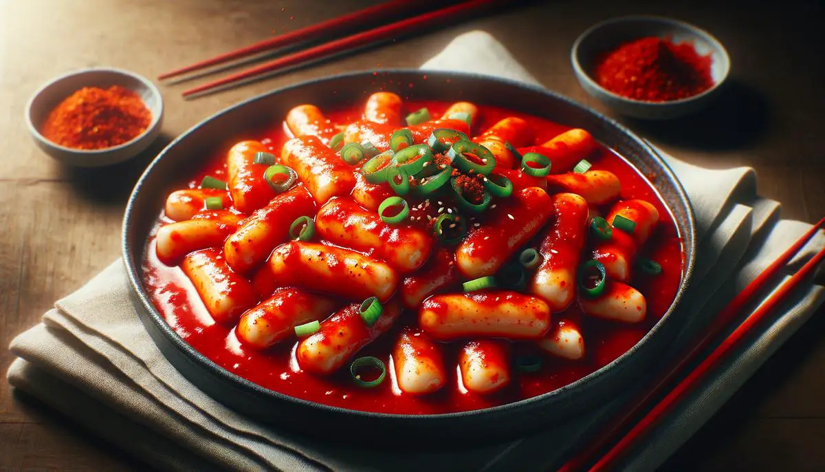 A vibrant red plate of spicy gochugaru tteokbokki, with chewy rice cakes and fish cakes in a thick gochugaru sauce, garnished with green onions and sesame seeds.