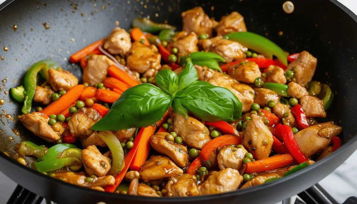 Spicy green peppercorn chicken stir fry cooking in a wok, with sliced peppers, onions, carrots and green peppercorns in a savory sauce, fresh basil on top