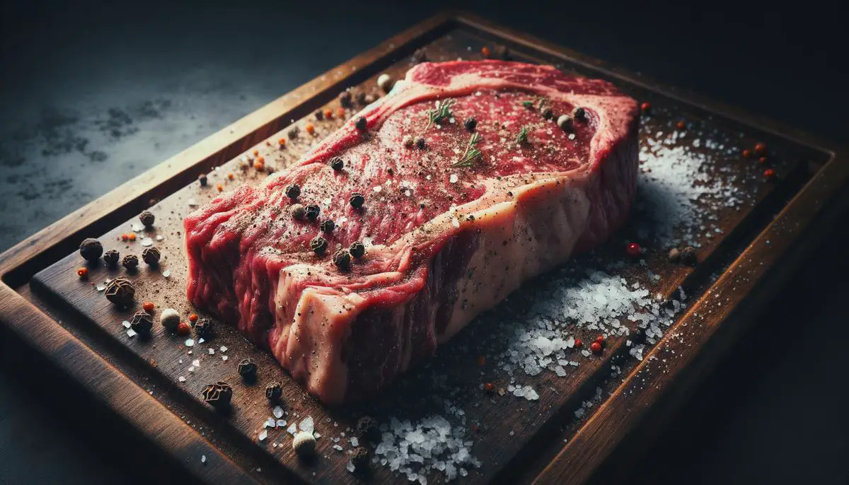 Raw steak with salt and pepper seasoning on a wooden cutting board