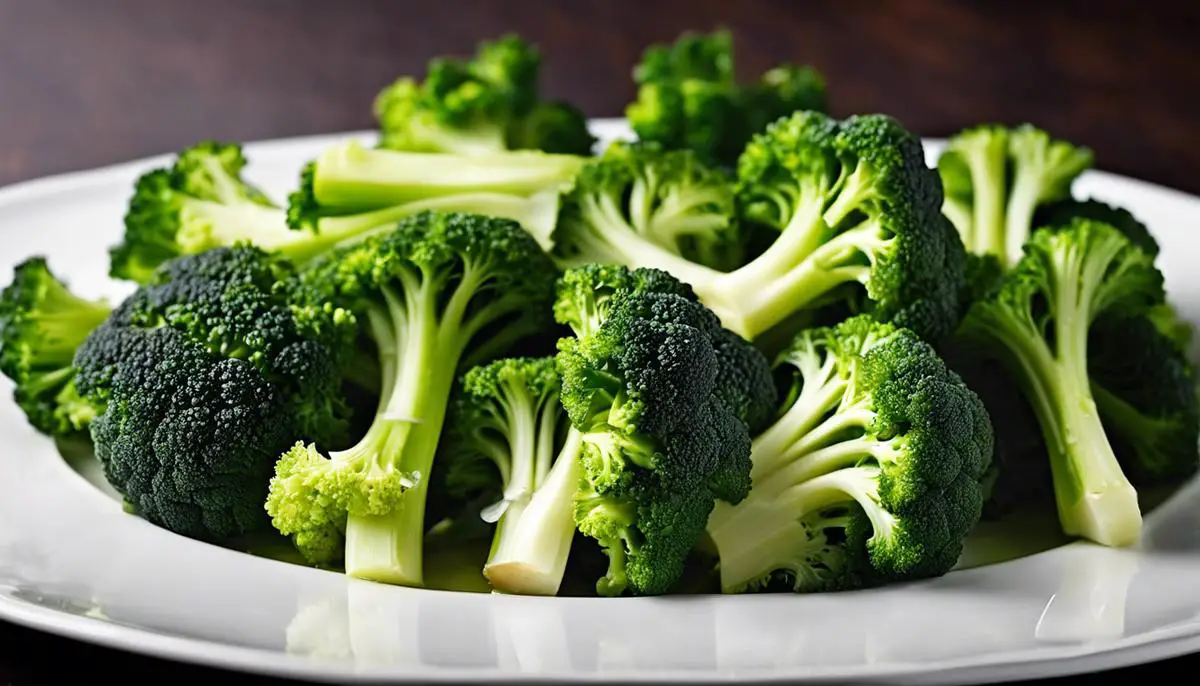 Image description: A close-up photo of perfectly steamed green broccoli served on a plate.