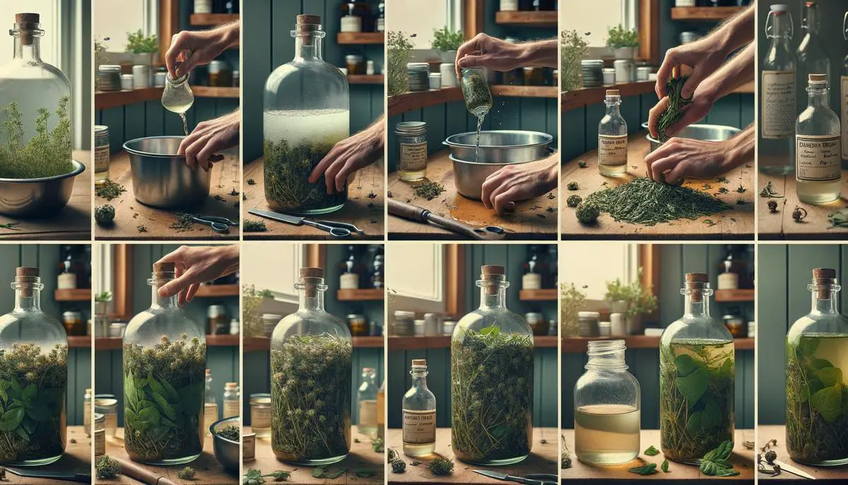 A step-by-step visual representation of the herbal tincture making process, from washing and chopping herbs to straining and labeling the final product.