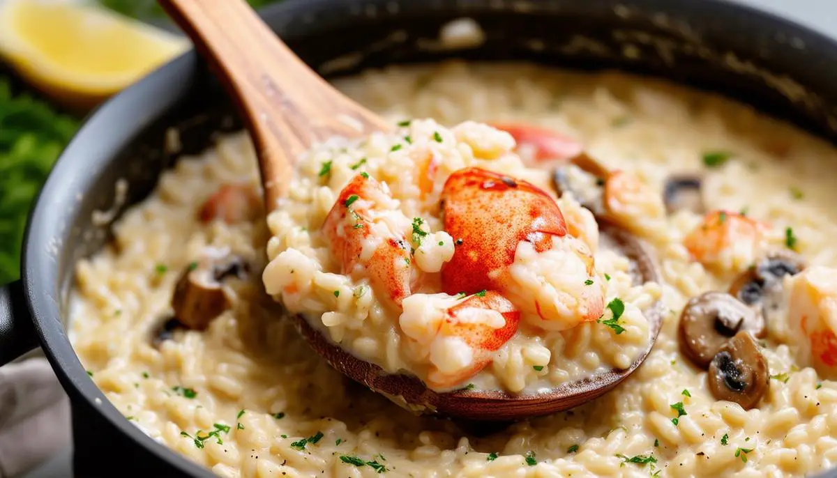 A wooden spoon stirring a pot of creamy lobster risotto with visible chunks of lobster meat and mushrooms.