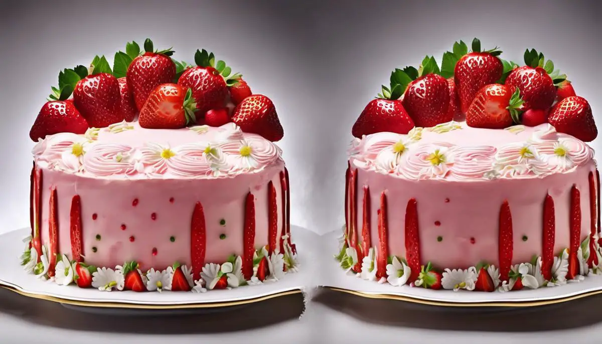 A delicious strawberry cake with perfectly sliced strawberries arranged artistically on top.