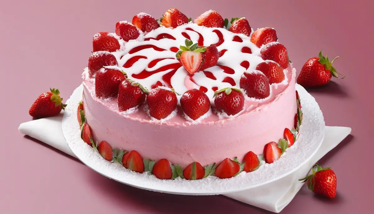 A deliciously moist strawberry cake topped with fresh strawberries and a dusting of powdered sugar.