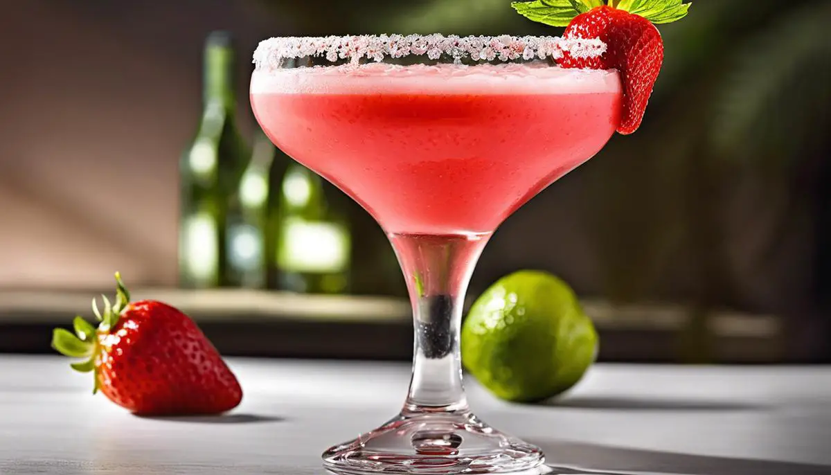 A refreshing strawberry daiquiri with a strawberry garnish and a lime twist, served in a tall glass.