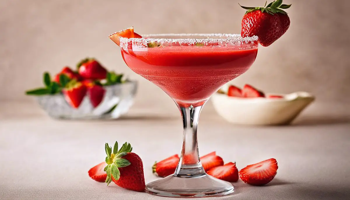 A refreshing strawberry daiquiri in a glass, garnished with a strawberry on the rim.