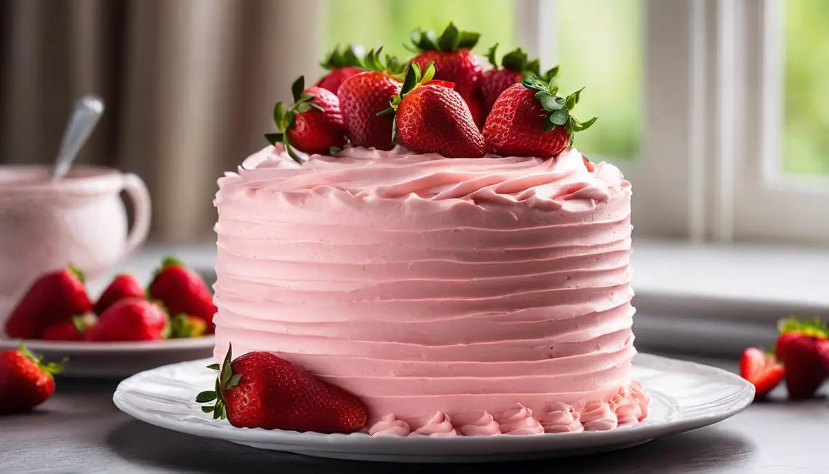 A close-up image of a cake with a creamy pink strawberry frosting, decorated with fresh strawberries.