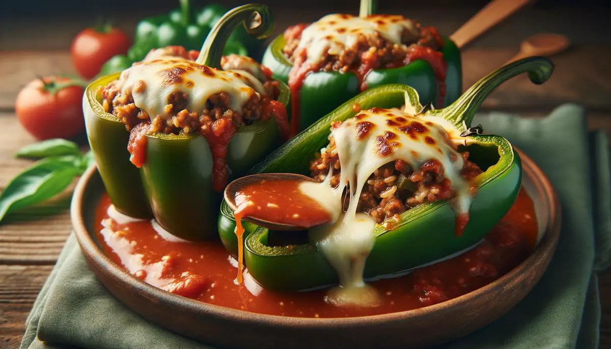 Stuffed green bell peppers with a ground beef and rice filling, topped with melted cheese and tomato sauce.