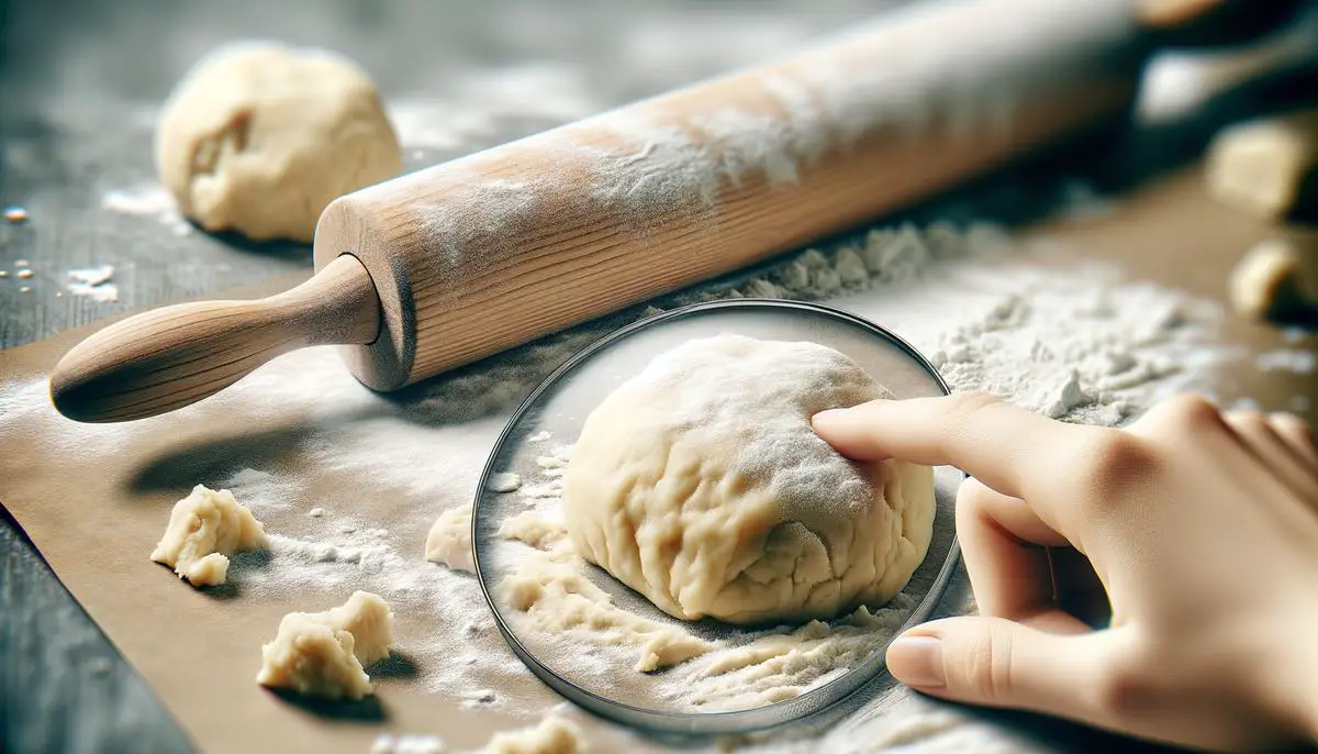 Image of sugar biscuit dough being prepared on a lightly floured surface with a rolling pin