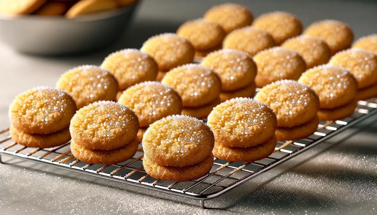 A batch of freshly baked sugar biscuits on a cooling rack