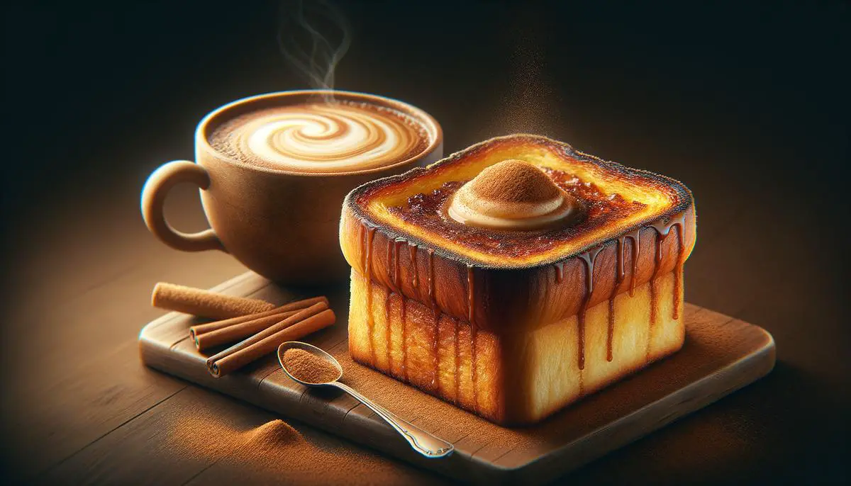 A delicious slice of sugar cinnamon toast made with Brioche bread, topped with a generous amount of cinnamon sugar mix, and served with a hot cup of coffee.