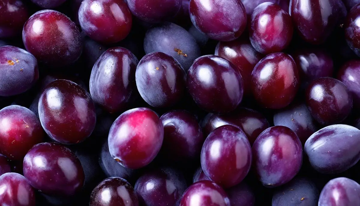 A close-up image of juicy D'Agen Sugar Plums, showcasing their vibrant purple color and plump texture.