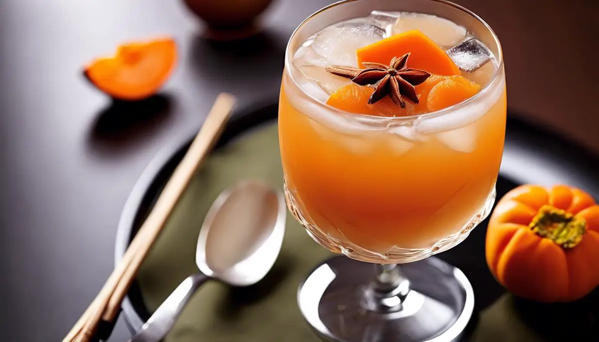 A glass of sujeonggwa drink garnished with cinnamon sticks and persimmons slices