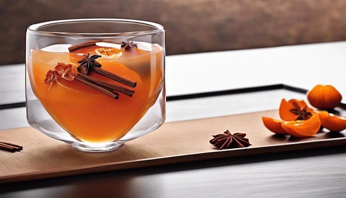 A glass filled with Sujeonggwa, garnished with dried persimmons and cinnamon sticks