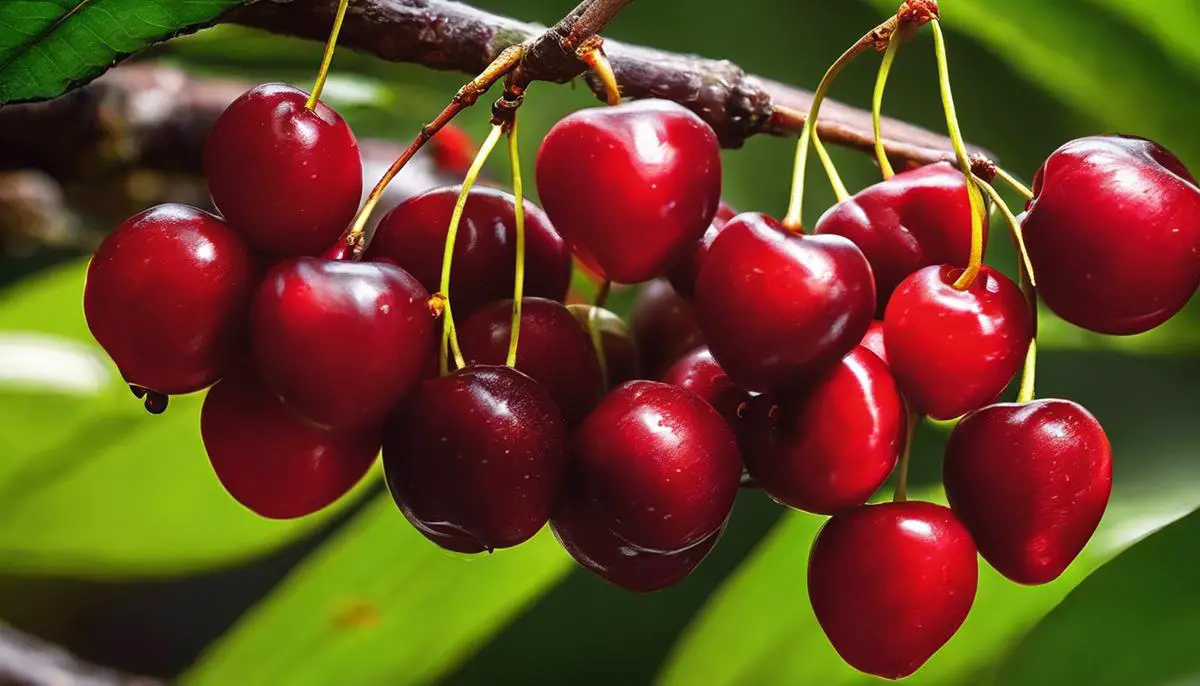 A bunch of Surinam cherries, showcasing their vibrant red color and luscious appearance.