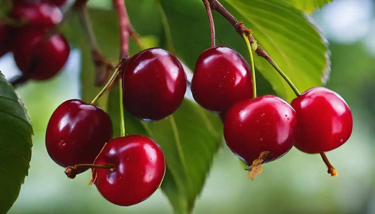 A close-up image of a Surinam Cherry branch with ripe, dark red fruit.