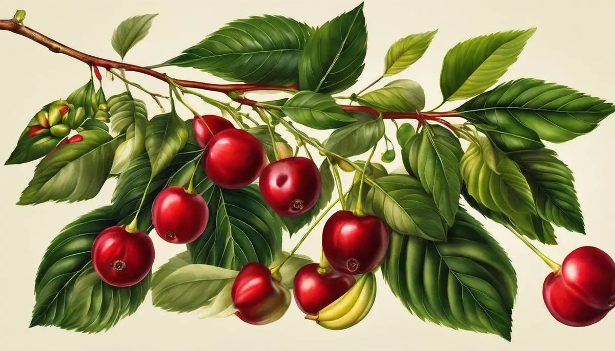 Image of a Surinam Cherry plant with lance-shaped leaves and ripe fruits, showcasing its botanical features