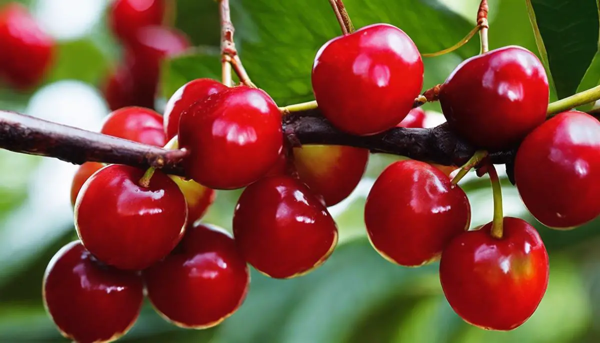 A close-up of ripe Surinam Cherries on a branch, showcasing their vibrant red color and shiny appearance.