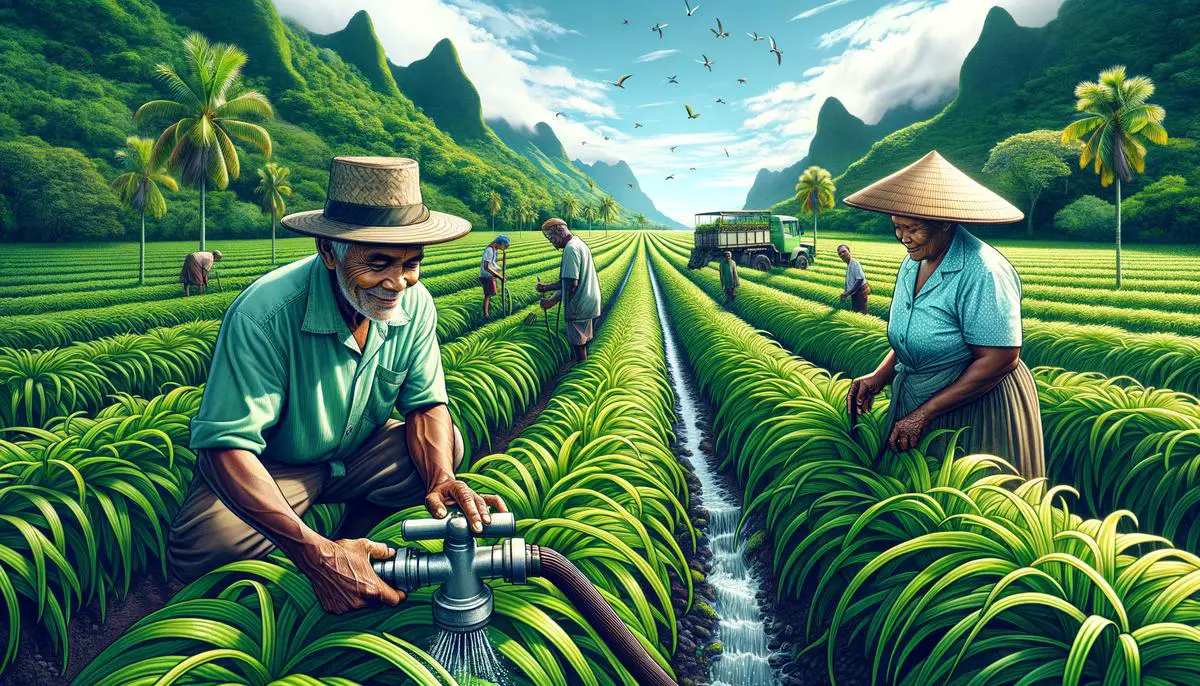 Tahitian vanilla farmers using sustainable farming practices like crop rotation and water conservation in their vanilla fields