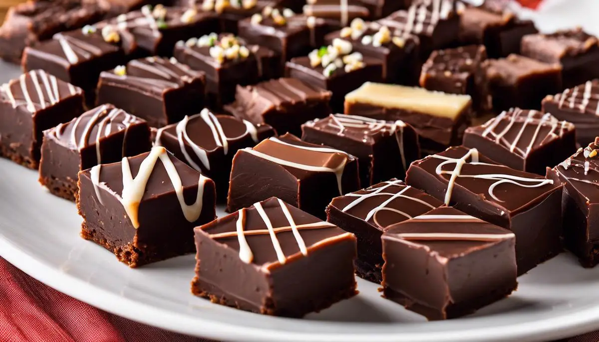 A plate of neatly cut fudge squares, ready to be served and enjoyed