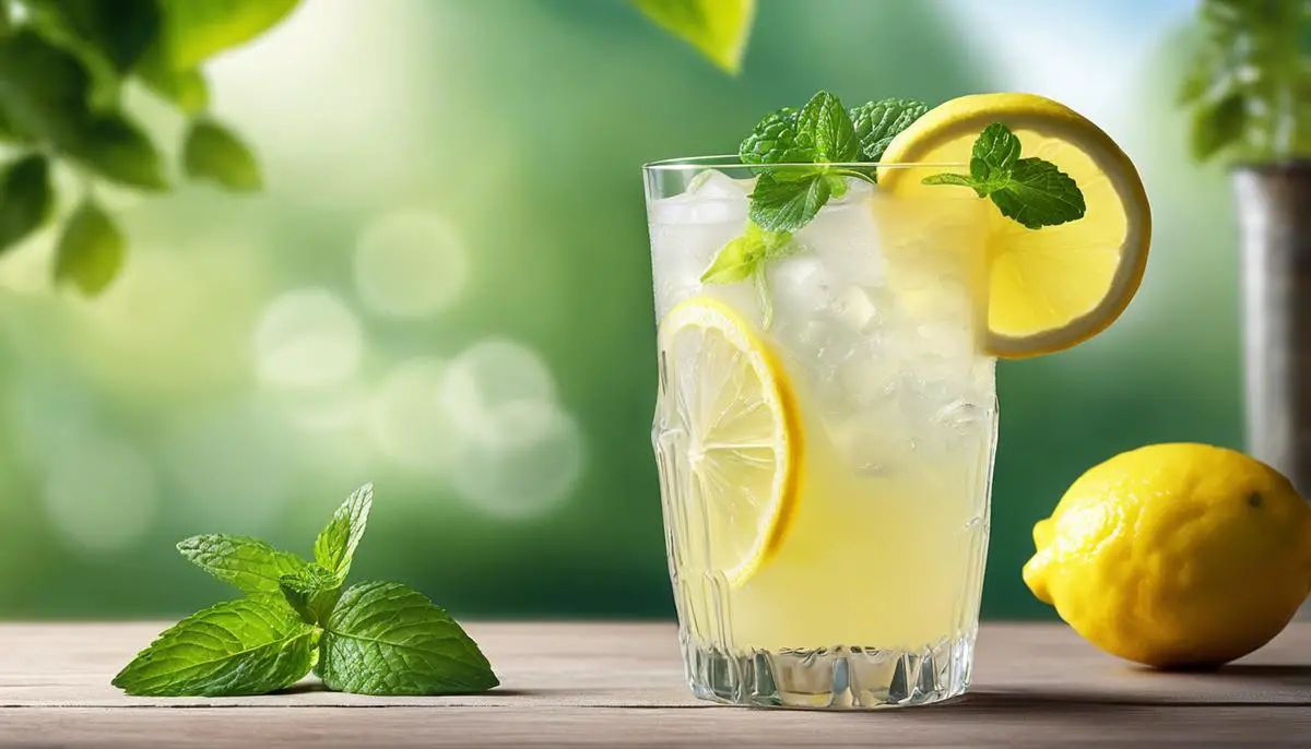 A refreshing glass of lemonade garnished with a slice of lemon and a sprig of mint.