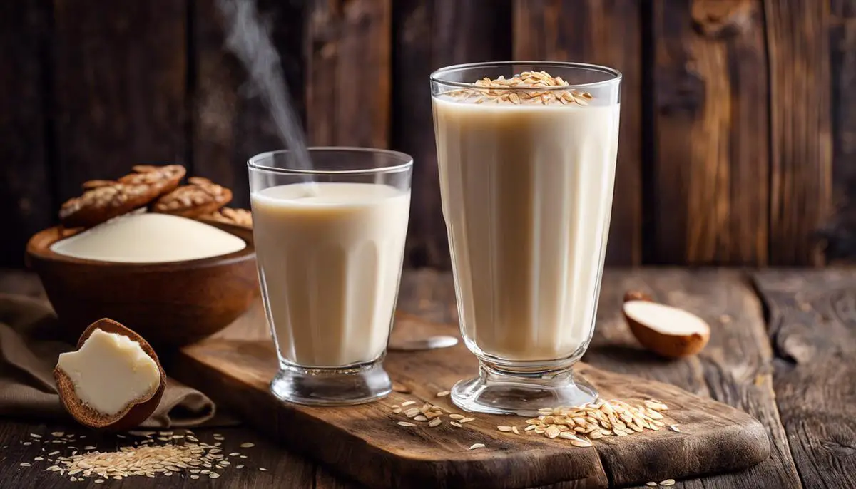 A creamy glass of sweetened condensed oat milk poured against a rustic wooden background