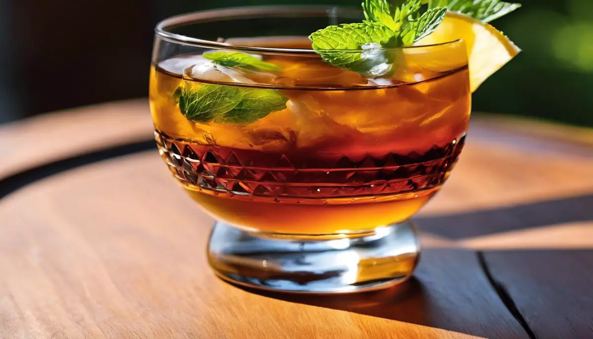 A glass of Switchel, with a deep amber color, topped with a slice of ginger and a sprig of fresh mint.