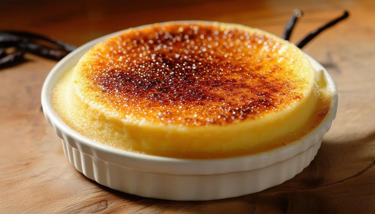 A delicate vanilla bean creme brulee with a caramelized sugar topping, showcasing the use of Tahitian vanilla beans