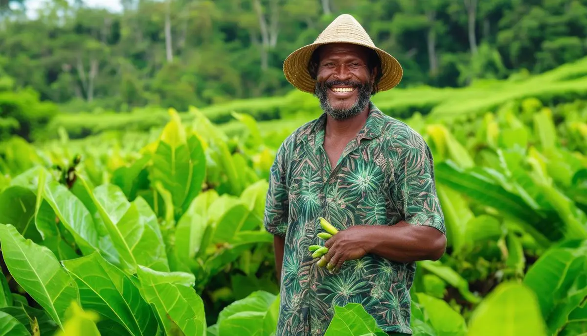 A smiling Tahitian vanilla farmer standing in their lush green vanilla field