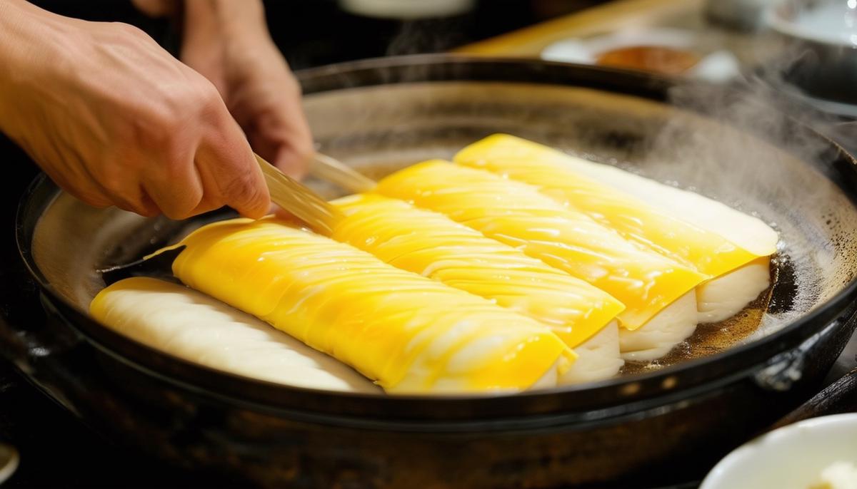 A Japanese chef expertly cooking and rolling layers of tamago in a traditional tamago pan