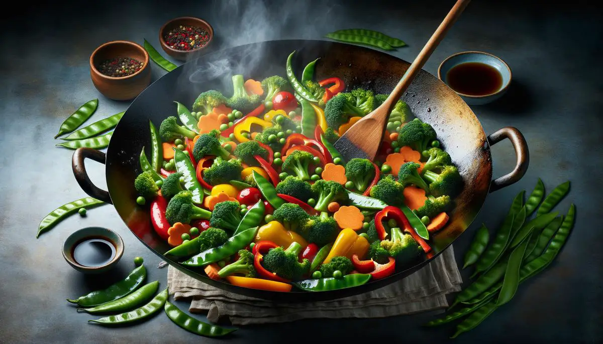 A colorful vegetable stir-fry in a wok, glistening with tamari soy sauce.