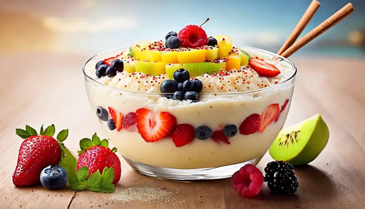 A bowl of tapioca pudding topped with fresh fruits and cinnamon sprinkles.
