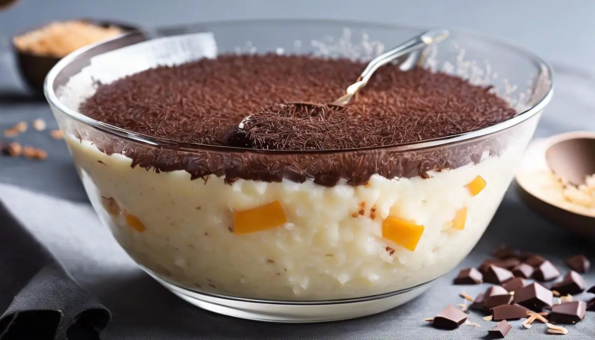 A bowl of tapioca pudding with a spoon in it, topped with grated chocolate and coconut shavings