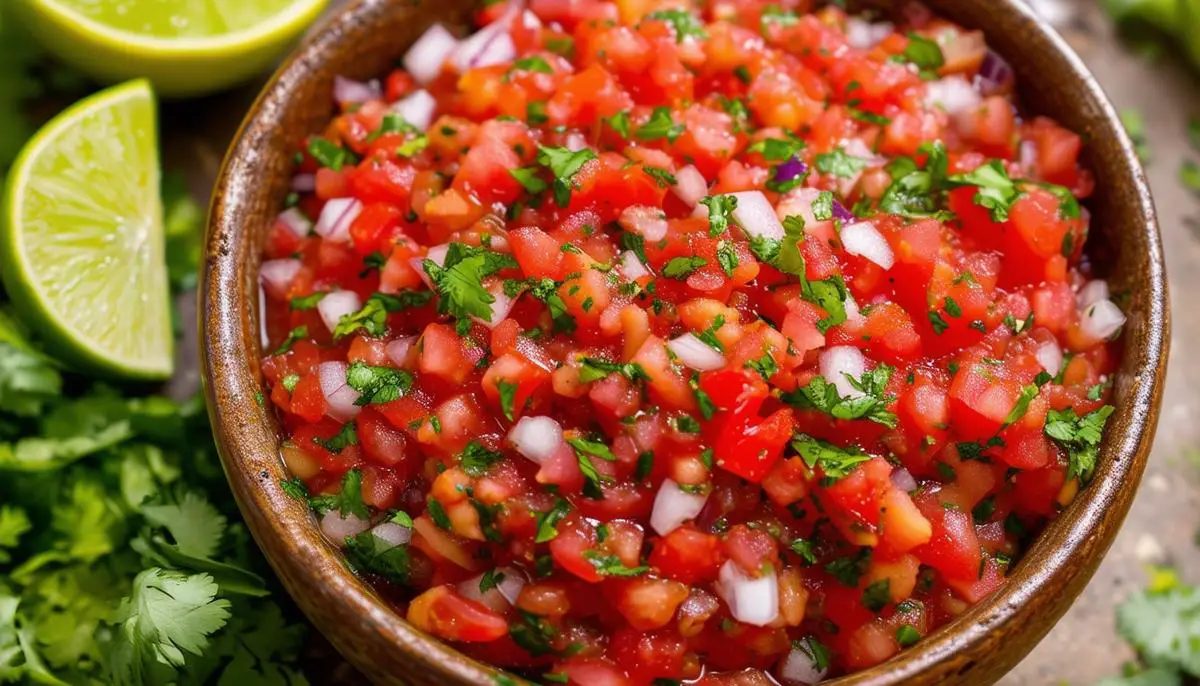 A colorful salsa made with crushed Tepin chilies, chopped tomatoes, onions, cilantro, and lime juice